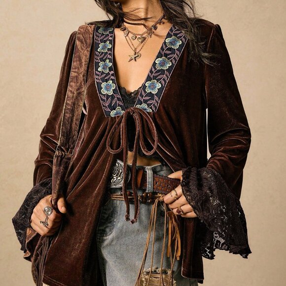 Coffee Brown Women's Nomadic Flare Lace Tie-Up Jacket - Picture 6 of 7